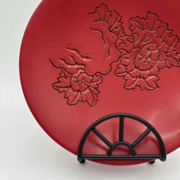 Murakami Kibori Tsuishu Lacquered Wood Plate With Hand Crafted‎ Floral Pattern - Picture 7 of 11